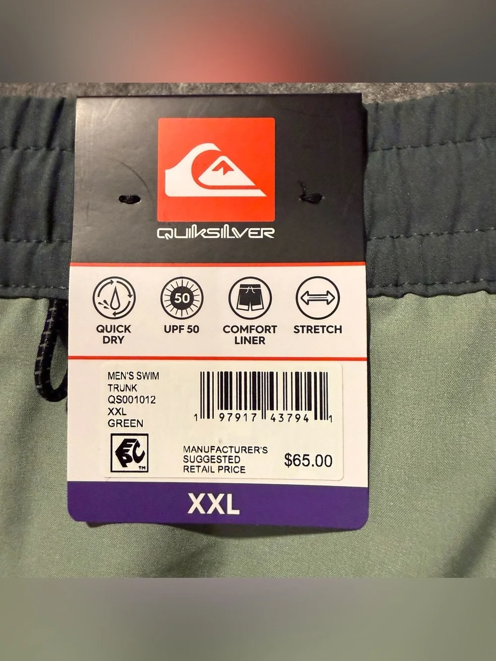 Quicksilver Swim Trunks Shorts Mens XXL Green Lined Quick Dry UPF 50 Stretch NWT